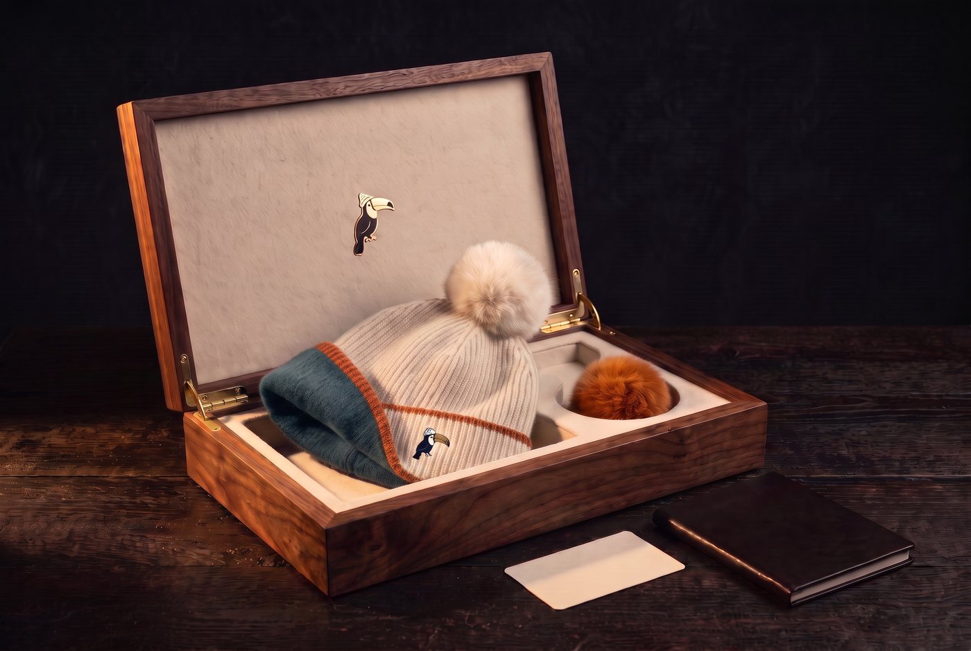 An open black walnut case lined in bone felt holding one chalk watch cap with a burnt-orange Edge and a chalk cashmere pom, its cuff turned to show a brushed petrol lining, a spare burnt-orange pom beside it.