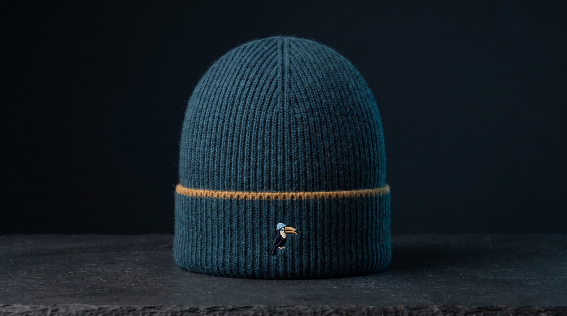 The Watch: a knitted cashmere hat in deep petrol with one fine ochre line at the fold of the cuff and a small embroidered toucan, standing on dark slate.