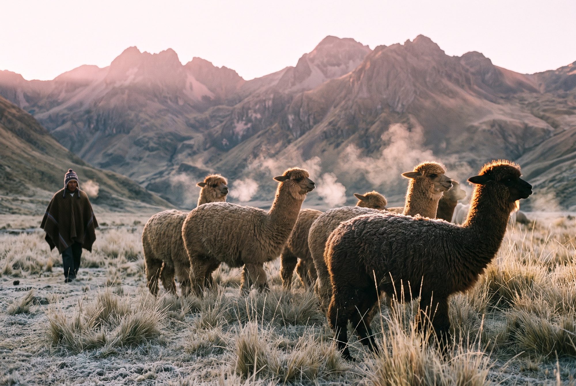 A small herd of alpacas on the frosted Peruvian altiplano at first light, a herder walking at the left, pink peaks behind.