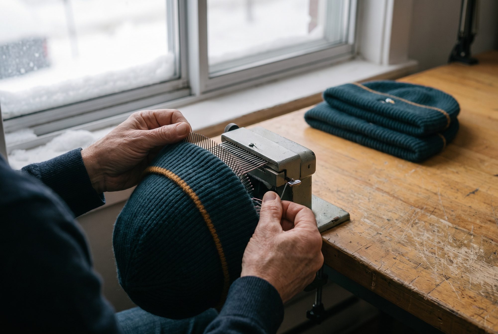 A knitter's hands finishing the crown of a petrol hat on a linking machine beside a frosted window, two finished hats folded on the bench.