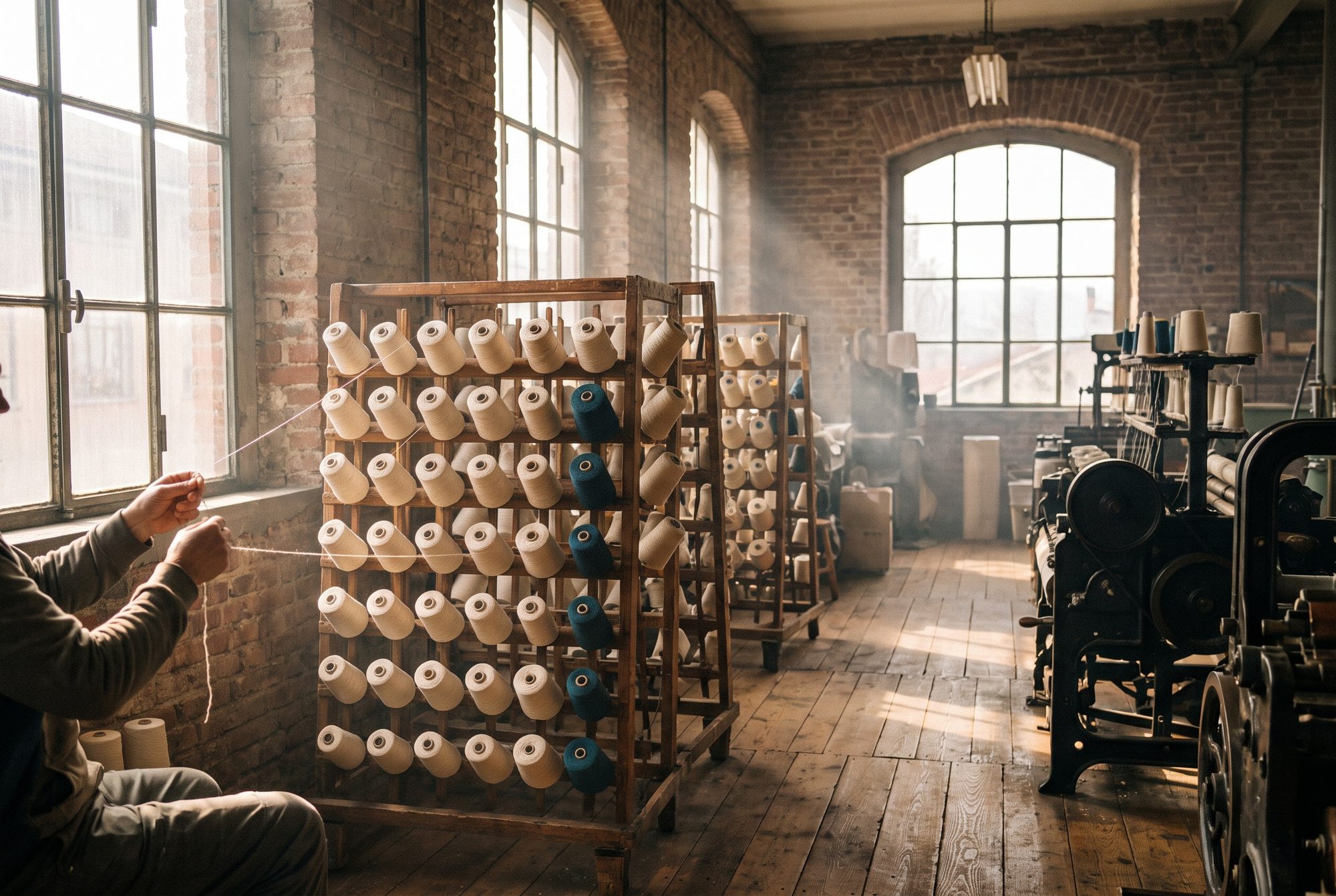 Inside an old spinning mill: a wooden creel of yarn cones in bone and petrol, a technician checking a strand against tall windows.
