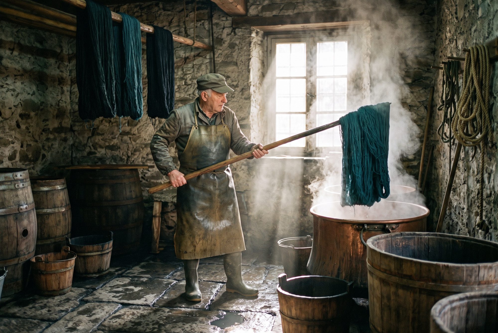 A dyer lifting a dripping hank of petrol-coloured yarn from a steaming copper vat on a long pole, steam in the window light.