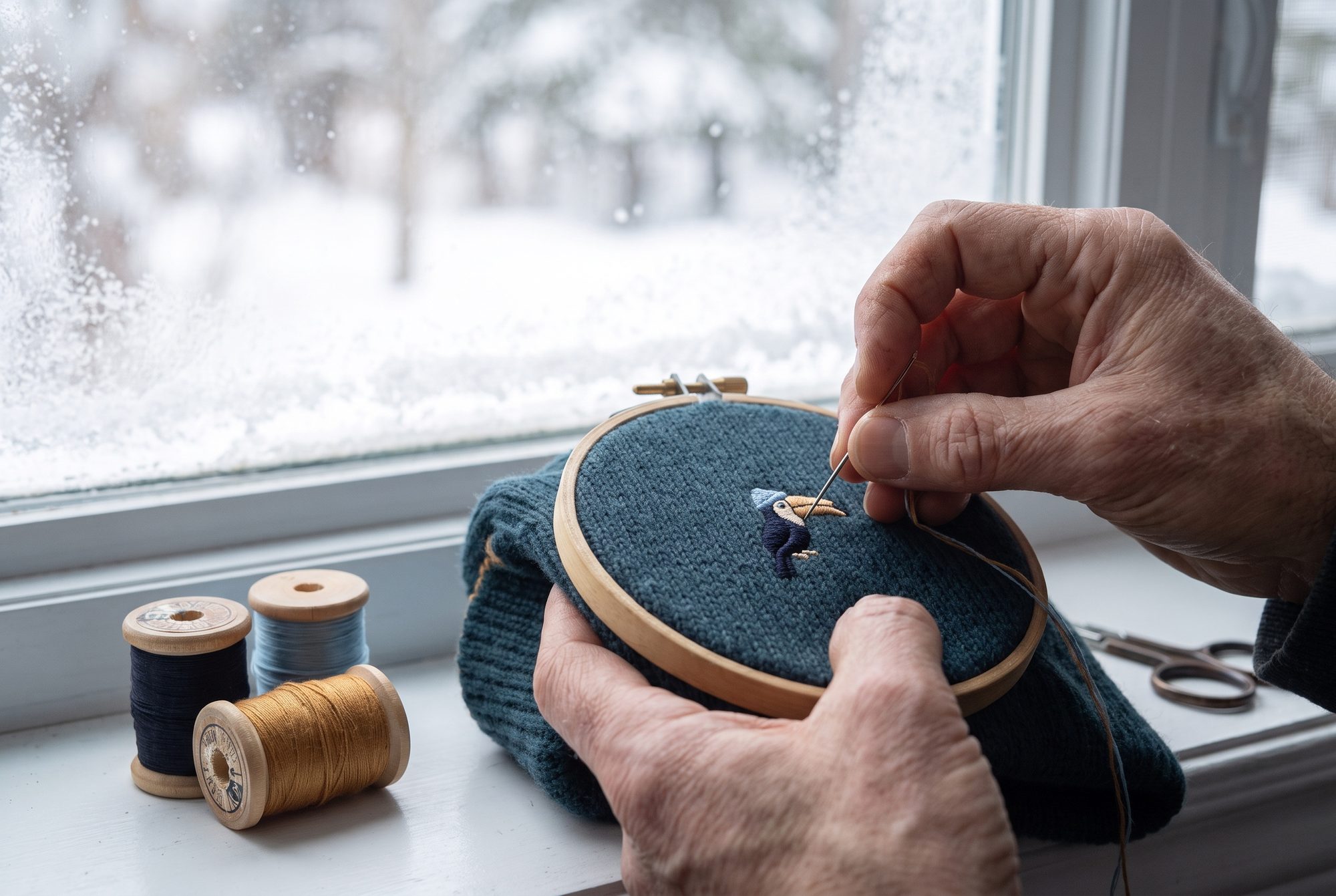 An embroiderer's hands at a small frame stitching the tiny toucan onto a flat petrol cuff panel, spools of ink, ochre and ice-blue thread beside.