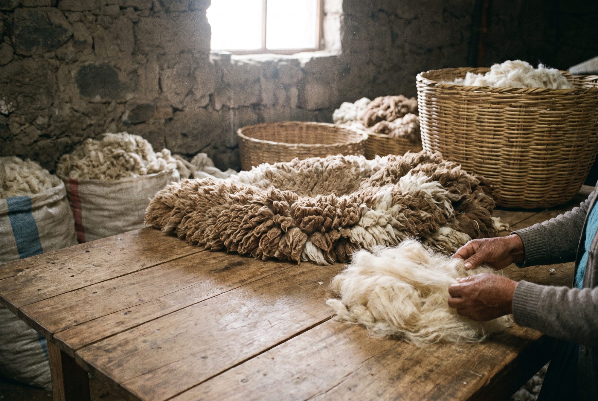 A whole alpaca fleece spread on a wooden table in a stone shed, two pairs of hands sorting it by fineness in high window light.