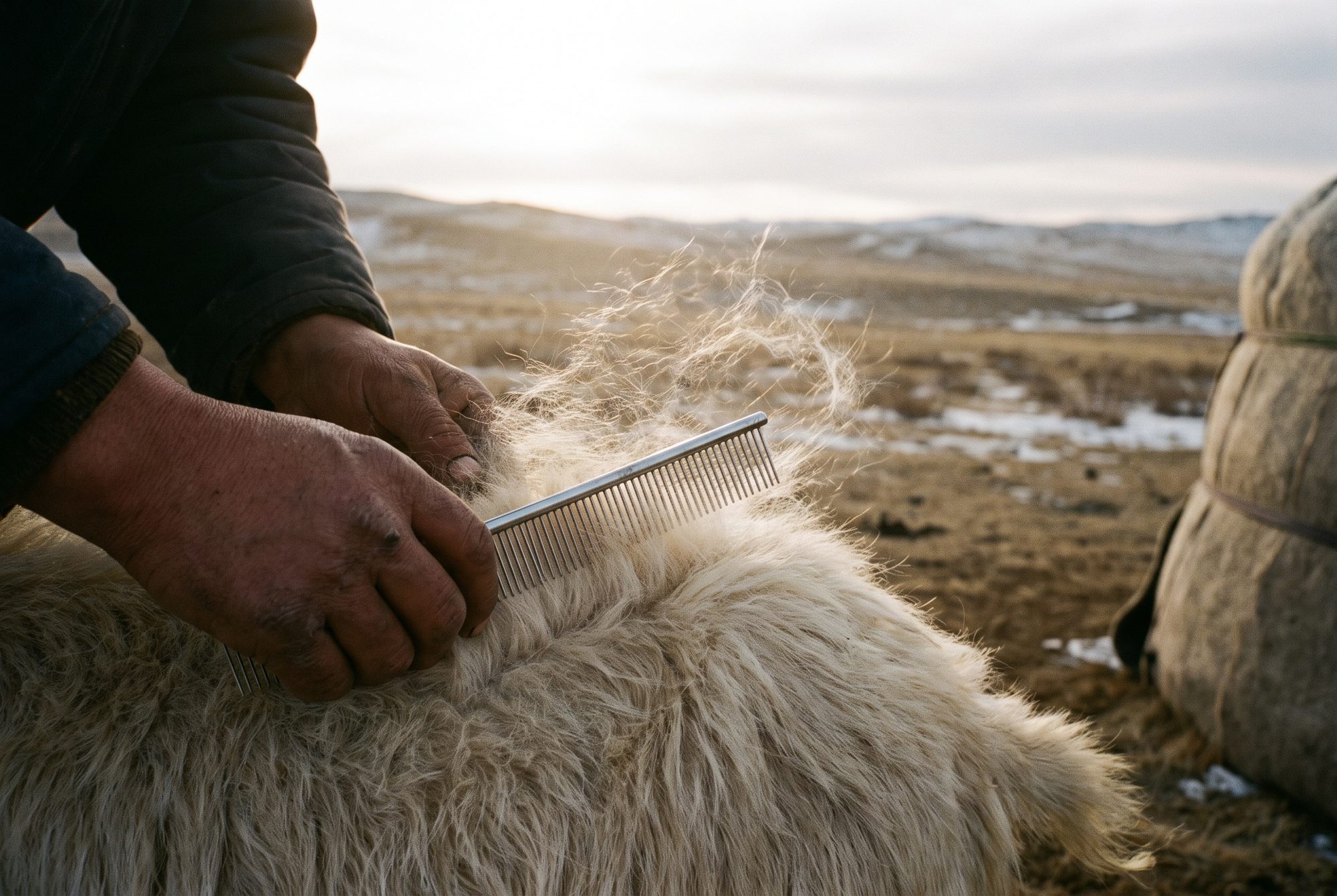 A herder's hands combing the fine white underdown from a cashmere goat on the Mongolian steppe, low sun through the fibre.