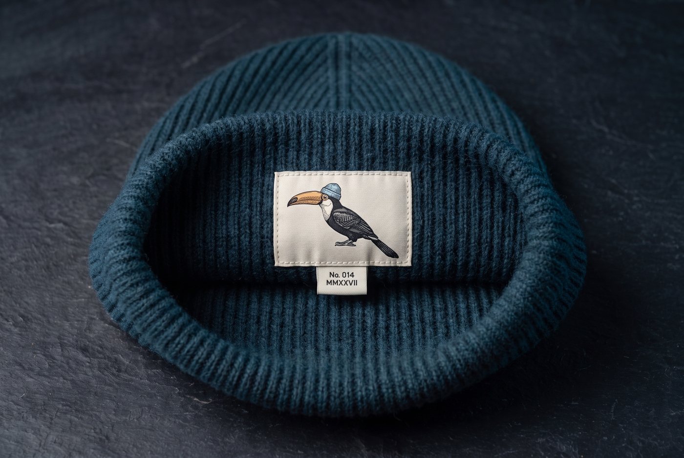 Looking down into the open hat: a small woven label with the toucan sewn flat inside the back of the cuff, and a tiny tag reading No. 014, MMXXVII.