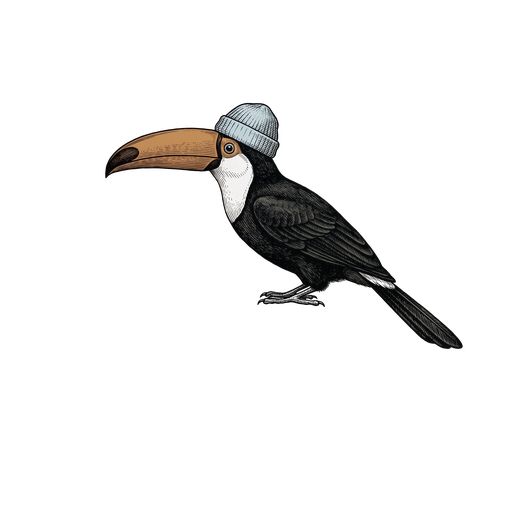 The TuqueOn bird: an engraved toucan in a small knitted cap.