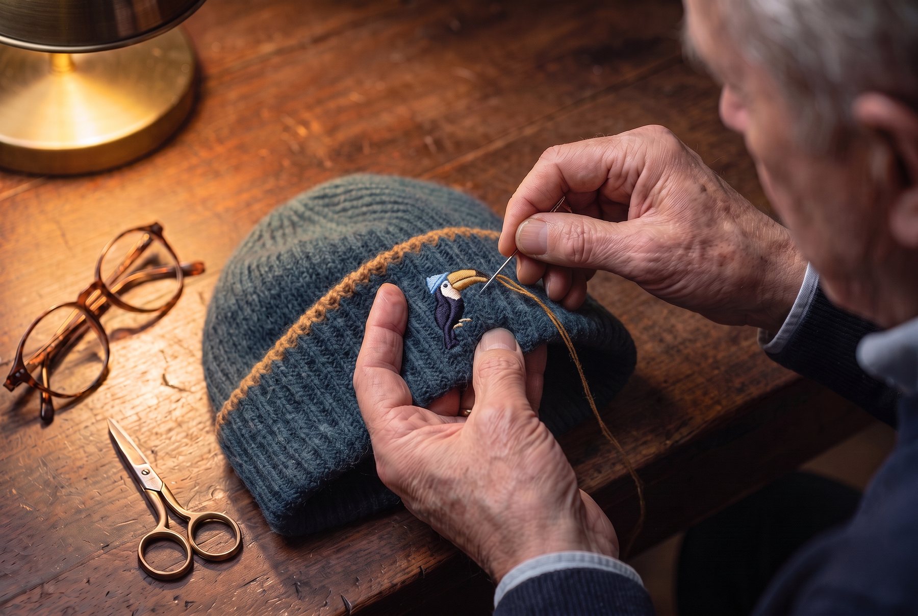 An older craftsman's hands re-stitching the small toucan on the cuff of a worn petrol hat under a brass lamp, reading glasses and small scissors on the bench.