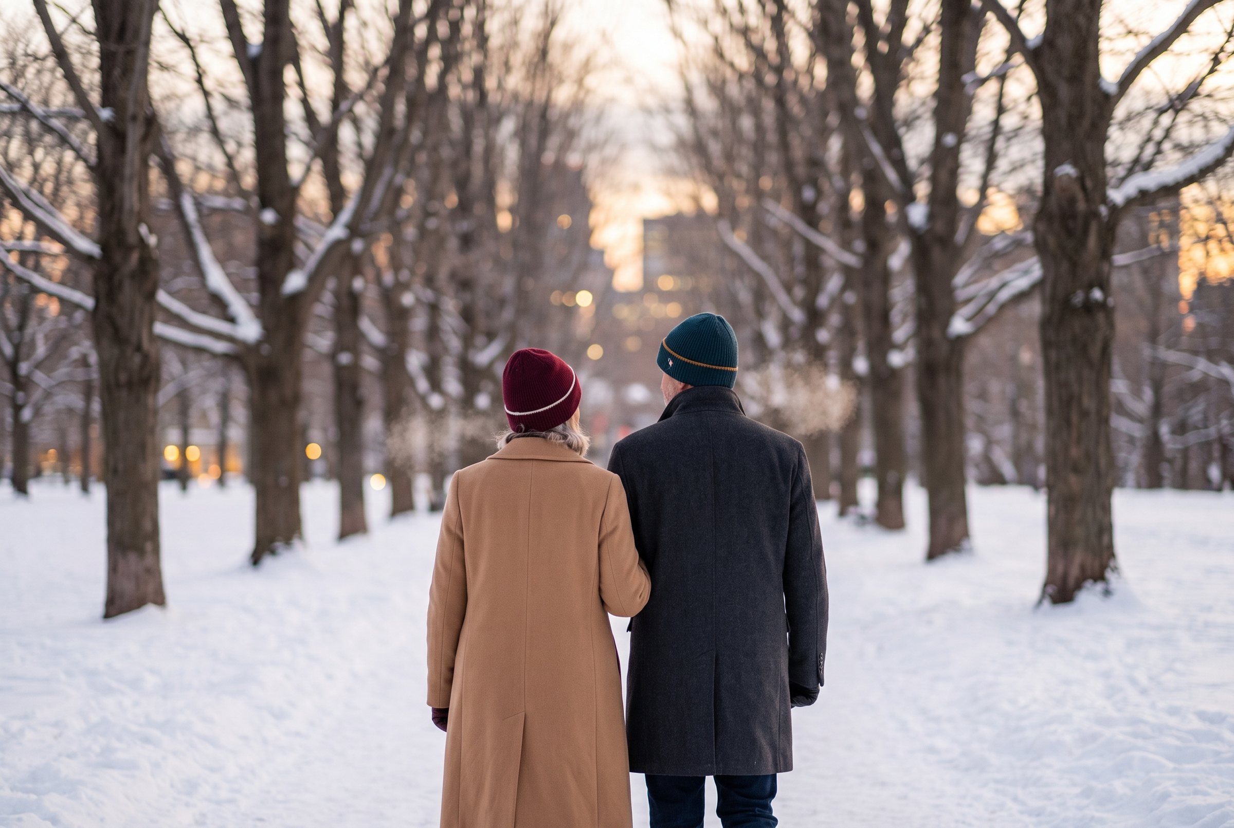 A couple walking away arm in arm down a snowy avenue of bare maples at dusk, one in a petrol hat and one in bordeaux.