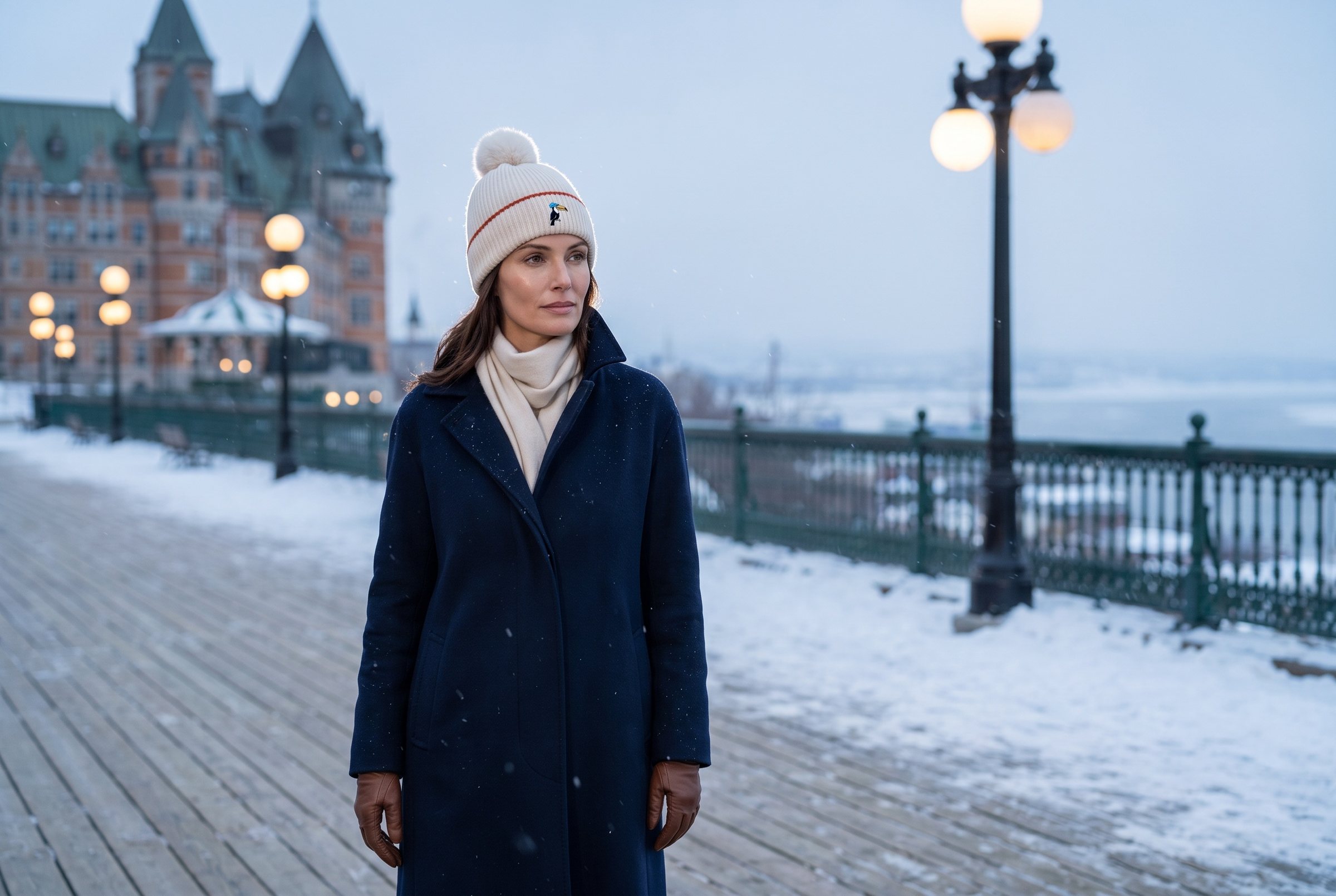 A woman in a navy coat and cream scarf standing on the snowy Dufferin Terrace in Quebec City at blue hour, looking out toward the river, the Chateau Frontenac behind her, wearing the chalk Rare Bird with its pom.