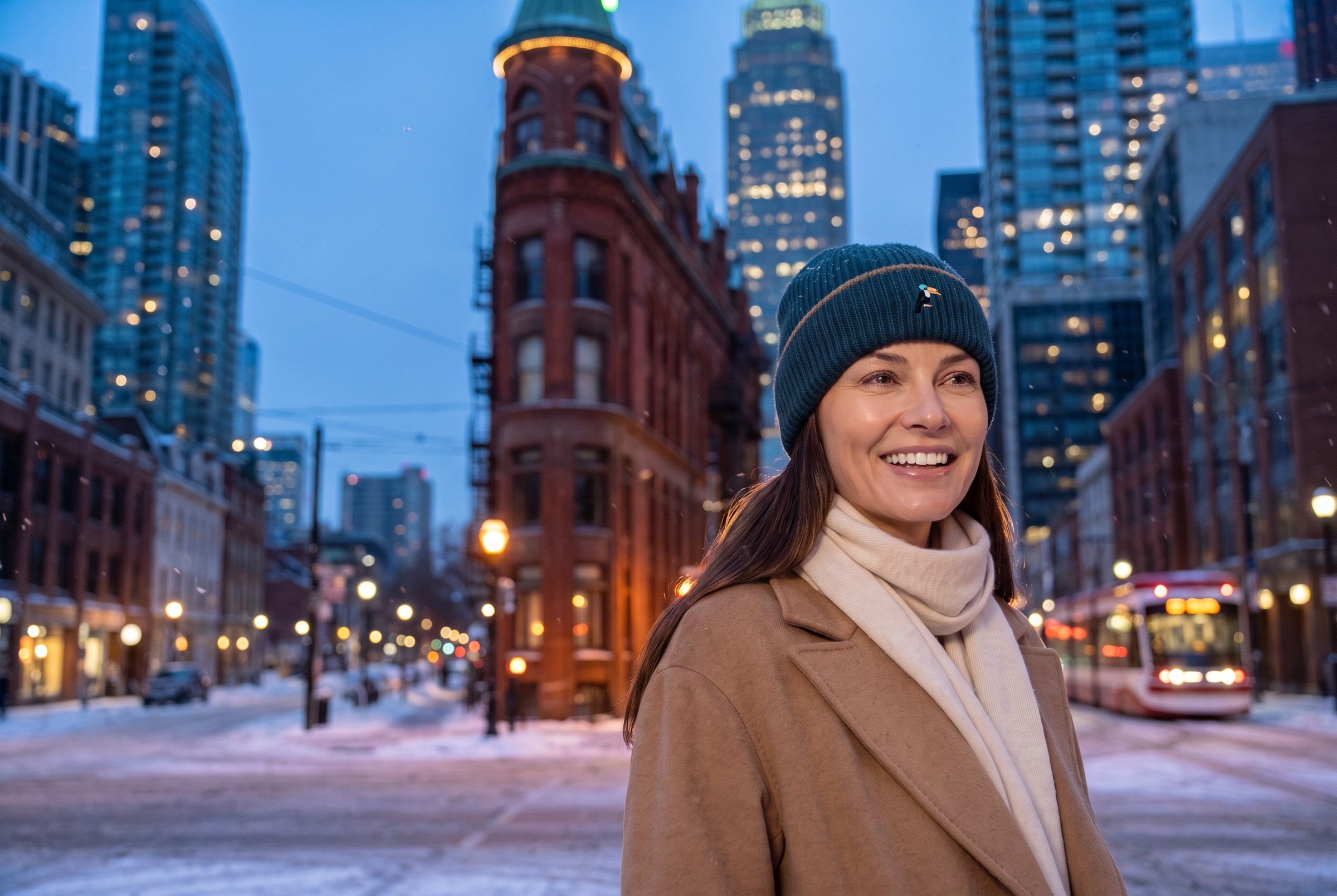 A dark-haired woman in a camel coat and cream scarf smiling on a snowy Toronto street at blue hour, the Flatiron building and the towers behind her, wearing the petrol Watch.